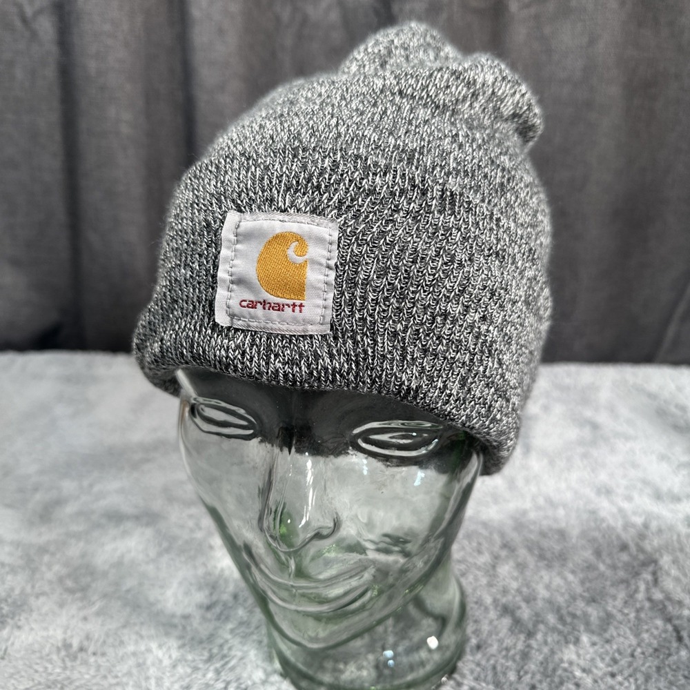 VTG Carhartt One Size Dark Gray A18 Beanie Knit Cuffed Logo Hat Cap USA MADE